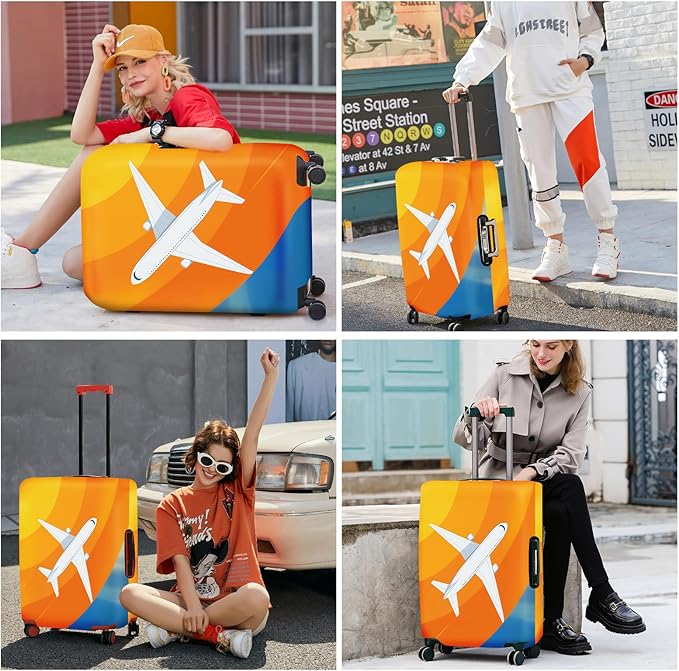 ANNA QUEEN Airplane in the Sky Luggage Cover, Minimalist Airplane & Orange Design, Stretchable, Washable Travel Sleeve for 20-34 Inch Luggage