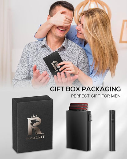 Mens Wallet Card Holder - Smart Wallet for Men, Pop Up Card Case, Top Grain Leather, RFID Blocking, Slim, Minimalist, Ultra Thin, Front Pocket, 9-14 Card Capacity | ID Window | Cash Slot (Black)