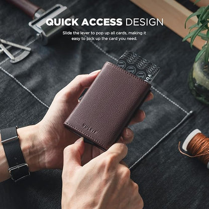 VULKIT Pop up Card Wallet Minimalist Cash Wallets RFID Blocking Leather Smart Credit Card Holder with ID window for Men