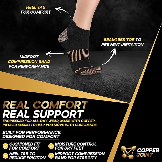 CopperJoint Black Ankle Compression Socks for Women- Breathable Copper Compression Socks Men, Low Cut Sock With Arch Support