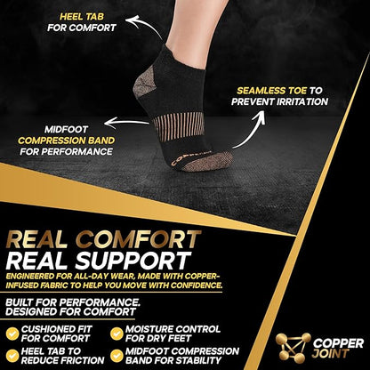 CopperJoint Black Ankle Compression Socks for Women- Breathable Copper Compression Socks Men, Low Cut Sock With Arch Support