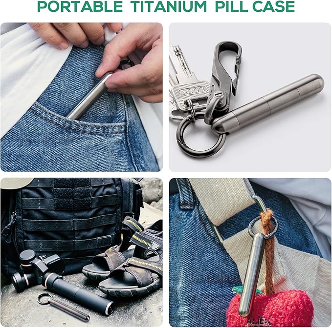 TISUR Small Keychain Pill Holder, Titanium Pill Case Waterproof Pill Fob for Travel Purse Pocket, Portable Pill Container Box Pill Organizer Tube