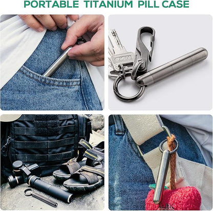 TISUR Small Keychain Pill Holder, Titanium Pill Case Waterproof Pill Fob for Travel Purse Pocket, Portable Pill Container Box Pill Organizer Tube