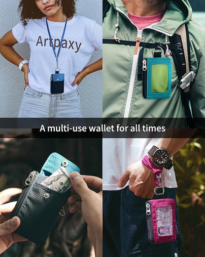 Minimalist Wallet For Mens Womens, Keychain RFID Blocking Zipper Small Wallet with ID Window 2 Lanyards,Water Resistant Travel Cash Card Coin Case Boys Girls