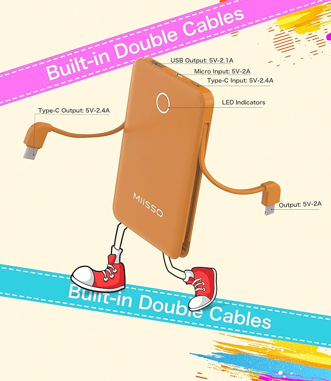 miisso 6000mah Ultra Slim Built in Cables Power Bank, Card Size Built in USB C Cords Battery Pack Portable Charger for Phones, 3 Output External Battery Pack Compatible with iPhone, Brown