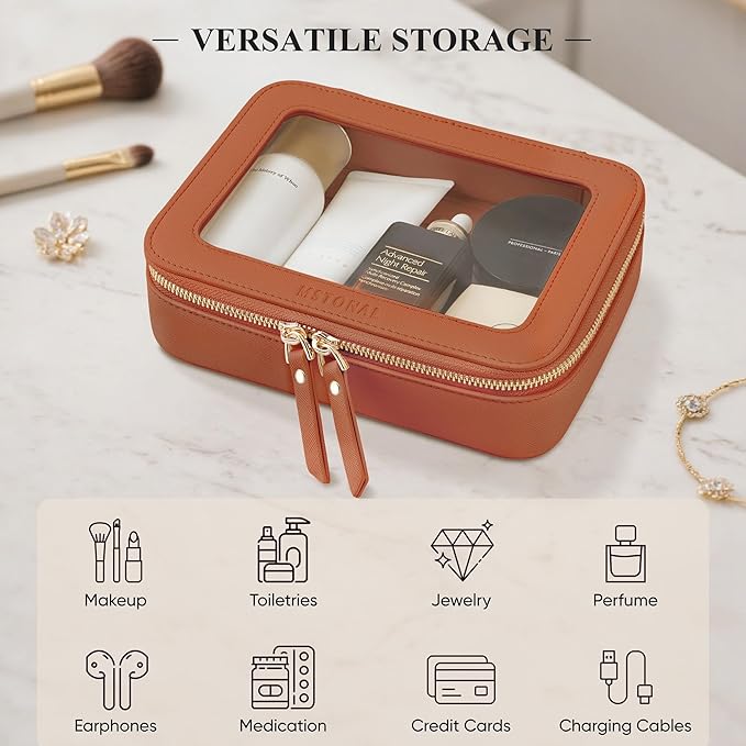 Clear Makeup Bag, Travel Toiletry Bag Cosmetic Case for Women, Waterproof Portable Make Up Skincare Pouch with Zipper, Compact Car Organizer Bag for Essentials, Medium Size, Brown