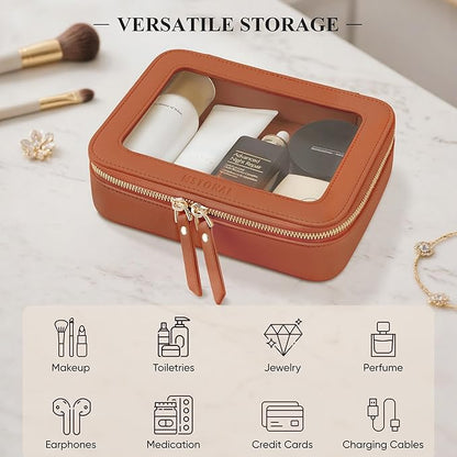 Clear Makeup Bag, Travel Toiletry Bag Cosmetic Case for Women, Waterproof Portable Make Up Skincare Pouch with Zipper, Compact Car Organizer Bag for Essentials, Medium Size, Brown