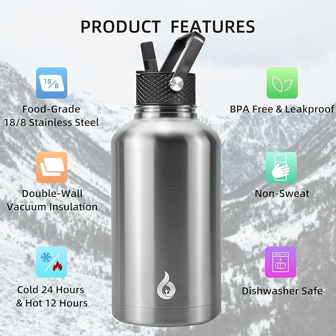 BJPKPK Half Gallon Insulated Water Bottles with Straw Lid, 64oz Large Water Jug, Stainless Steel Bottles with 3 Lids and Paracord Handle, Thermo for Hot & Cold Liquid, Stainless Steel