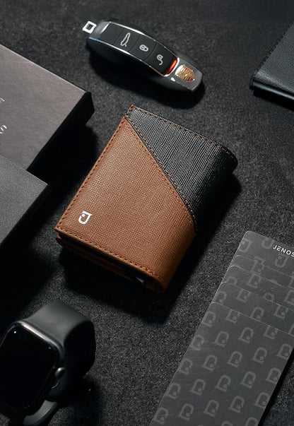 Jenoss Smart Wallet For Men: Full Grain Leather, Handcrafted, Slide Metal Pop Up Case, Slim RFID Blocking Credit Card Holder, Compact 12 Cards Slot Organizers, ID, Money Clip(Brown & Black)