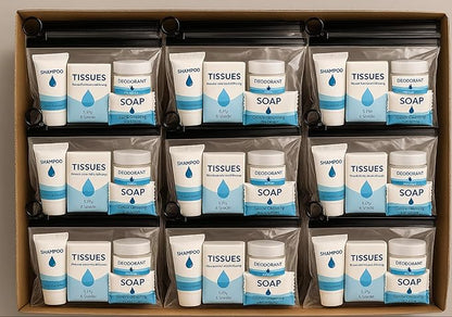 Bulk 50 Deluxe Hygiene Care Packages – 23-Piece Unisex Toiletry Bags with Individually Wrapped Travel-Size Essentials in Waterproof Pouch for Homeless Outreach, Shelters, and Charity Donations