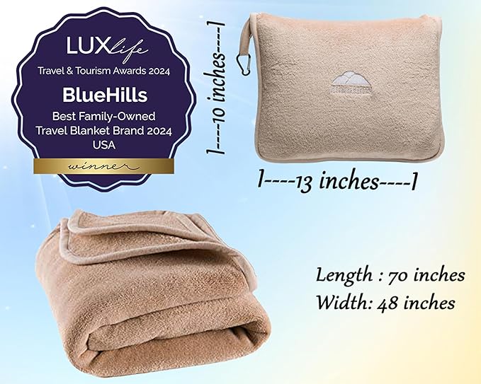 BlueHills Premium Soft Tall Travel Blanket Pillow for Airplane Traveling Essentials Long Flight Trip Throw in Bag case with Backpack Clip Compact Large Plane Accessories Beige T053