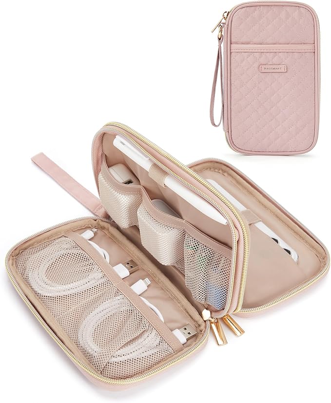 BAGSMART Electronic Cord Cable Organizer Travel Bag Case, Double Layers Tech Electronic Bag, Essentials for Charger, Cable, Phone, Flash drive, Pink