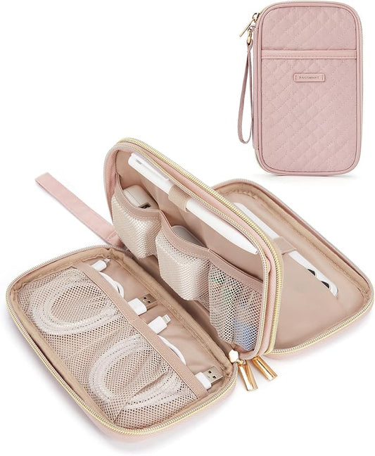 BAGSMART Electronic Cord Cable Organizer Travel Bag Case, Double Layers Tech Electronic Bag, Essentials for Charger, Cable, Phone, Flash drive, Pink