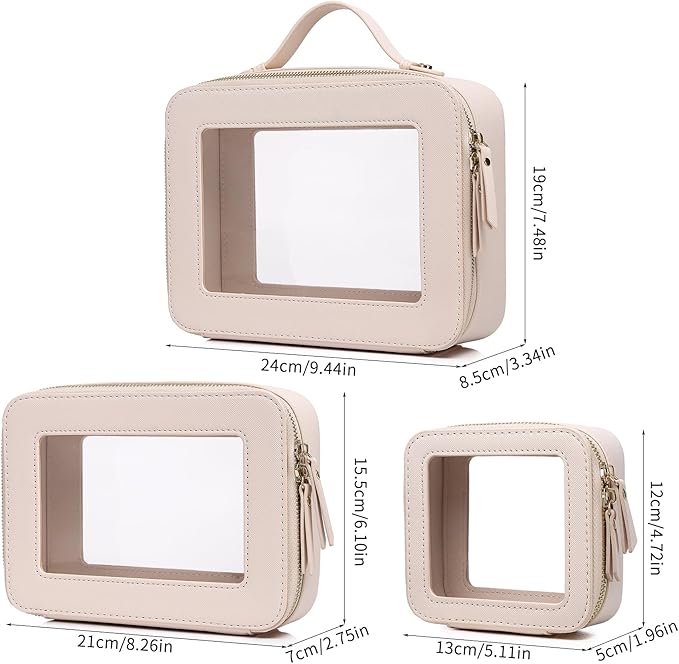 Pinkmik Clear Makeup Bag Waterproof Travel Case for Cosmetics and Toiletries Women's Purse Organizer and Clear Car Bag with Zipper (Beige, L+M+MINI)