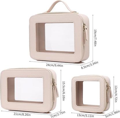 Pinkmik Clear Makeup Bag Waterproof Travel Case for Cosmetics and Toiletries Women's Purse Organizer and Clear Car Bag with Zipper (Beige, L+M+MINI)