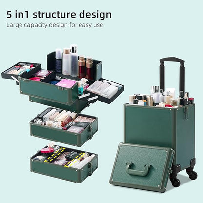 Makeup Train Case, Rolling Makeup Case with Lid, 5 in 1 Cosmetology Case on Wheels, Christmas Gift, Large Makeup Case Organizers, Profesional Cosmetic Case for Salon Barber, Green