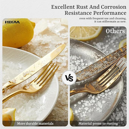 HIKAA Forged Silverware Set Stainless Steel Flatware Set,Service for 4,Matte Satin Polished Cutlery Set,Dishwasher Safe (Gold, 20PCS)