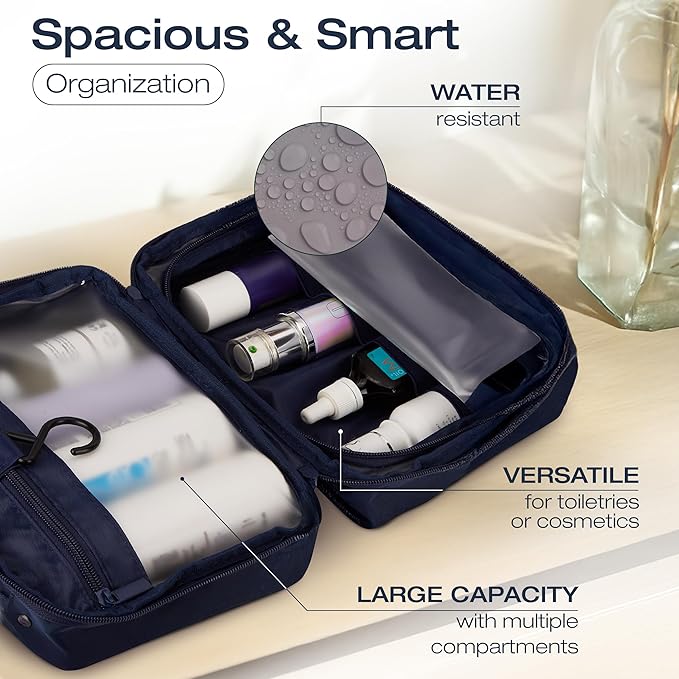 KAZAY Hanging Toiletry Bag with TSA Approved Detachable Pouch, Travel Toiletry Bag, Water Resistant, Premium Nylon, Travel Size Toiletries, Cosmetic Bag, Makeup Bag, Unisex (Navy)
