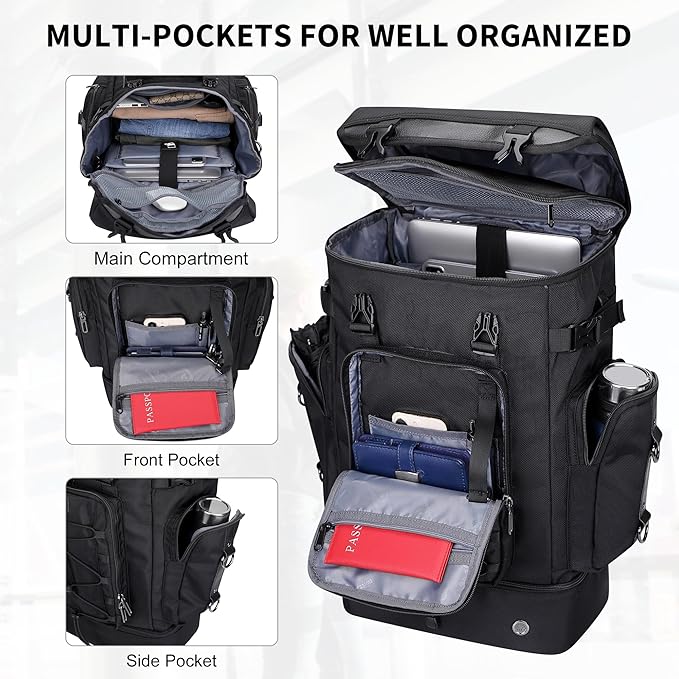 WITZMAN Travel Backpack for Men Women Carry on Bags for Airline Approved Convertible Duffle Luggage Backpack Shoe Compartment (B691 Black)