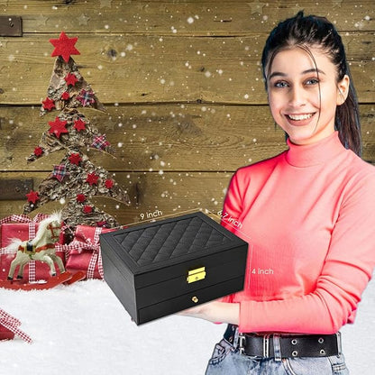 GUOER Jewelry Box for Women Girl Wife - Large PU Leather Jewelry Organizer Storage Case with Two Layers Display for Earrings Bracelets Rings Watches (Black)