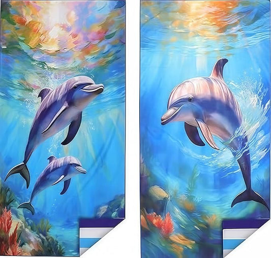 Microfiber Extra Large, Oversized Blue White Striped Beach Towels (70''x35''),Soft&Lightweight 2 Pack XL Quick Dry Cute Dolphin Towel for Adults & Women，Sand Free for Pool,Spa,Swim,Travel