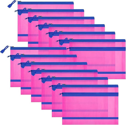 12 Pieces Zipper Nylon Mesh Pouch, Mesh Cosmetic Bags Makeup Bags Pencil Case, Multipurpose Travel Bags for Cosmetic School Office Supplies and Travel Accessories (2 Layers-Hot Pink, A5)