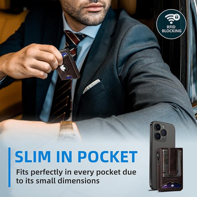 Airtag Wallet for Men,with Money Clip Gift Boxed,Slim Front Pocket Wallet RFID Blocking Metal Case Smart Pop-up Credit Card Holder in Magnetic Leather Flip