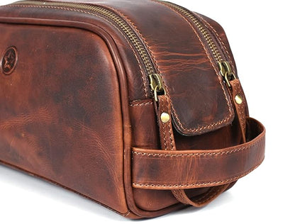 10" Premium Leather Toiletry Travel Pouch With Waterproof Lining Black Color | King-Size Handcrafted Vintage Shaving Kit By Aaron Leather Goods