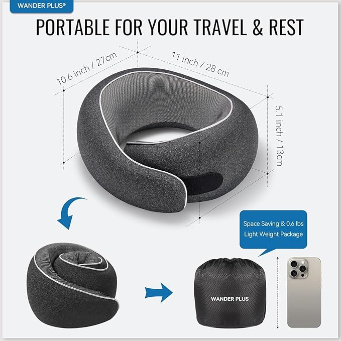 WANDER PLUS® 100% Pure Memory Foam Travel Neck Pillow Airplane Neck Support Ergonomic Design Best for Sleeping Plane Car Train Office Flight for Adults Max Sky Blue