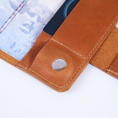 Leather Passport Holder for Travel Men - Travel Passport Wallet Compatible with Airtag Passports Cover with Card Slots & Note Compartment, Magnetic Closure, Genuine Leather, Vintage Cognac