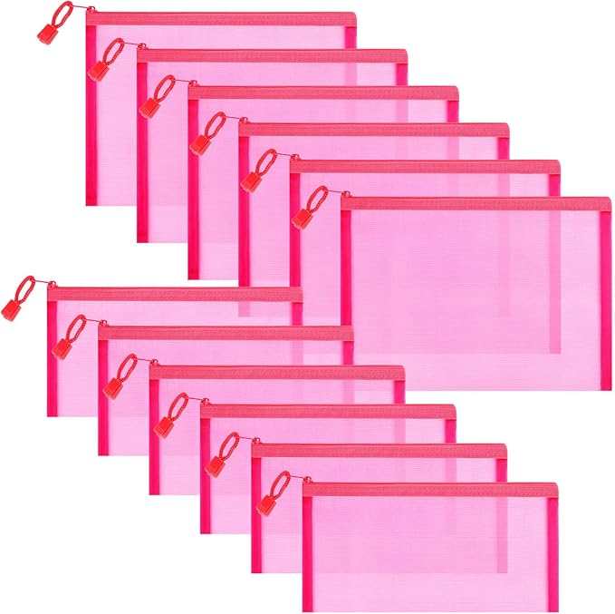 12 Pieces Zipper Nylon Mesh Pouch, Mesh Cosmetic Bags Makeup Bags Pencil Case, Multipurpose Travel Bags for Cosmetic School Office Supplies and Travel Accessories (Hot Pink, A5+B6)