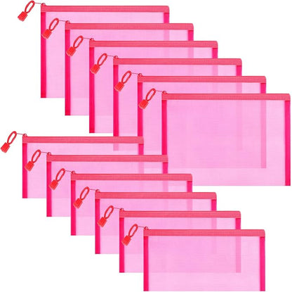 12 Pieces Zipper Nylon Mesh Pouch, Mesh Cosmetic Bags Makeup Bags Pencil Case, Multipurpose Travel Bags for Cosmetic School Office Supplies and Travel Accessories (Hot Pink, A5+B6)