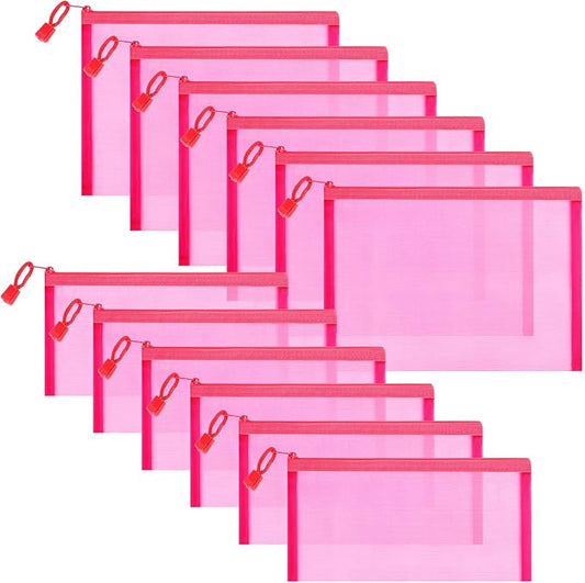 12 Pieces Zipper Nylon Mesh Pouch, Mesh Cosmetic Bags Makeup Bags Pencil Case, Multipurpose Travel Bags for Cosmetic School Office Supplies and Travel Accessories (Hot Pink, A5+B6)