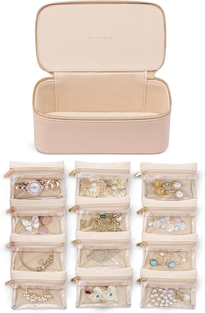 Vlando Jewelry Box with 12 Velvet Jewelry Bags Travel Jewelry Case for Girls Jewelry Organizers Necklace Rings Earrings Storage Bags Christmas Gifts Bridal Shower Gifts- Khaki