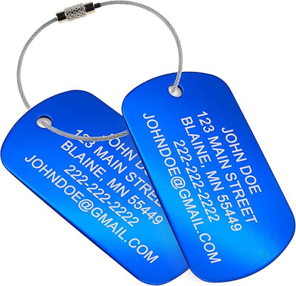 High Visibility Durable Anodized Aluminum Luggage Tags - 2 Pack, Customizable Travel ID Tag for Luggage, Golf Bags & More - Personalized Imprinted ID Tags (Blue)
