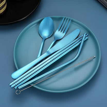 Portable Stainless Steel Flatware Set, Travel Camping Cutlery Set, Portable Utensil Travel Silverware Dinnerware Set with a Waterproof Case (Light Blue)