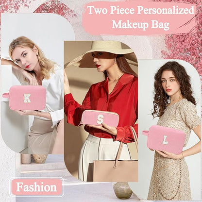 Personalized Initial Makeup Bag Trendy Stuff Corduroy Cosmetic Bag Travel Toiletry Bag for Women, Christmas/Thanksgiving/Halloween Gifts Makeup Organizer Case for Teen Girls Mom Girlfriend Wife - Pink