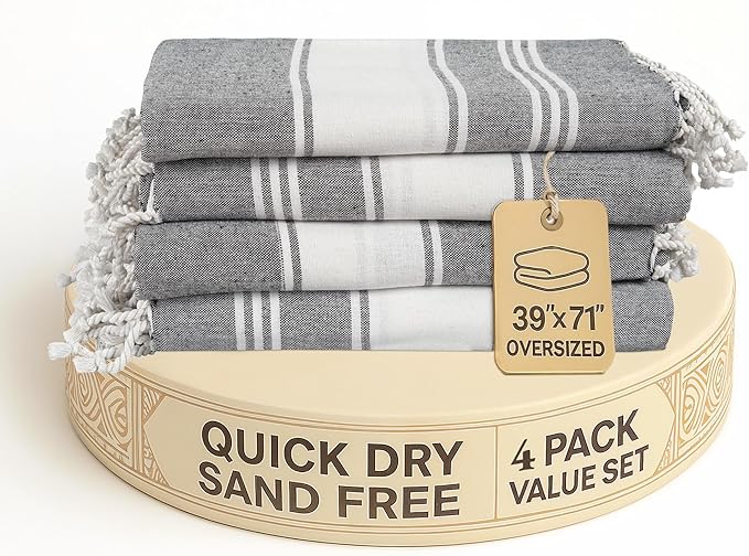 LANE LINEN Beach Towels 4 Pack Oversized - Turkish Towel Set, Pre-Washed Oversized Beach Towel, Quick Dry Beach Towels for Travel, Large Pool Towels, 39"x71" - Smoky Black