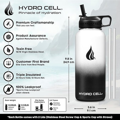 HYDRO CELL Stainless Steel Insulated Water Bottle with Straw - For Cold & Hot Drinks - Metal Vacuum Flask with Screw Cap and Modern Leakproof Sport Thermos for Adults (Black/White 32oz)