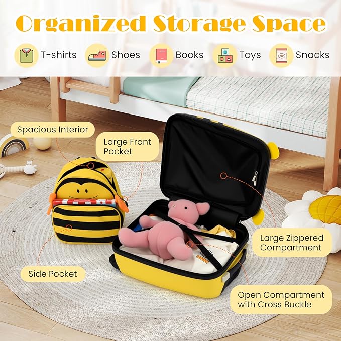 HONEY JOY Kids Luggage, 12” Children Hardshell Backpack & 16” Toddler Travel Rolling Suitcase, 2 Pcs Lightweight Carry On Luggage Set, Kids Luggage with Wheels for Girls & Boys(Yellow Bee)