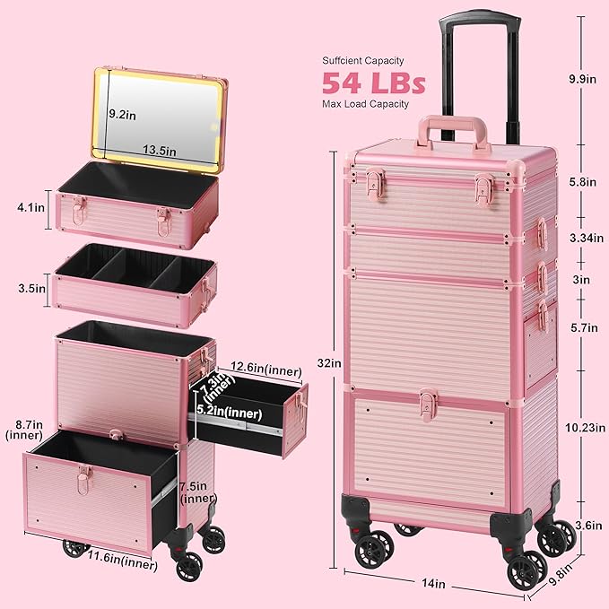 Makeup Train Case with LED Mirror, Rolling Makeup Case with Drawers, Cosmetology Case on Wheels, Gift, Travel Makeup Organizers, Profesional Cosmetic Case for Salon Barber,Nail,Tattoo, Pink