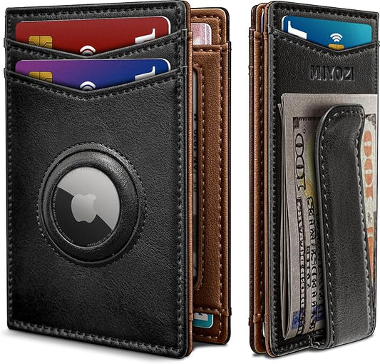 Airtag Wallet for Men- with Money Clip Gift Boxed, Magnetic Closure Slim Genuine Leather Front Pocket Wallet, 4.1"x 2.8", RFID Blocking