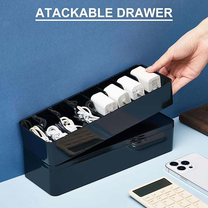 Tatuo 4 Pcs Cable Organizer Box with Wire Ties, Plastic Cord Storage Box with Lid, Electronics Organizer for Home Office Desk Organizers and Accessories (Black)