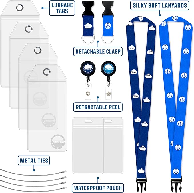 Cruise On Norwegian Luggage Tag Holders (4 Pack) & Lanyards (2 Pack) – Large, Clear, Waterproof Cruise Essentials 2025-2026 – Secure Ship Tags & Cards (Royal Blue)
