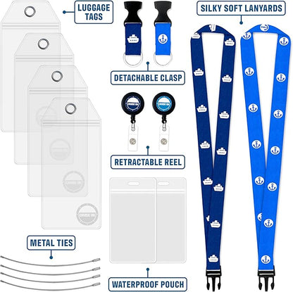 Cruise On Norwegian Luggage Tag Holders (4 Pack) & Lanyards (2 Pack) – Large, Clear, Waterproof Cruise Essentials 2025-2026 – Secure Ship Tags & Cards (Royal Blue)
