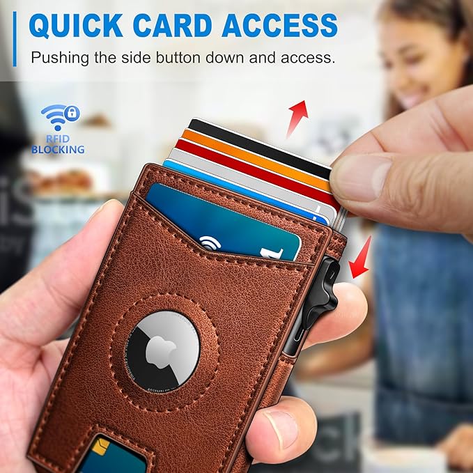 Airtag Wallet for Men,with Money Clip Gift Boxed,Slim Front Pocket Wallet RFID Blocking Metal Case Smart Pop-up Credit Card Holder in Magnetic Leather Flip
