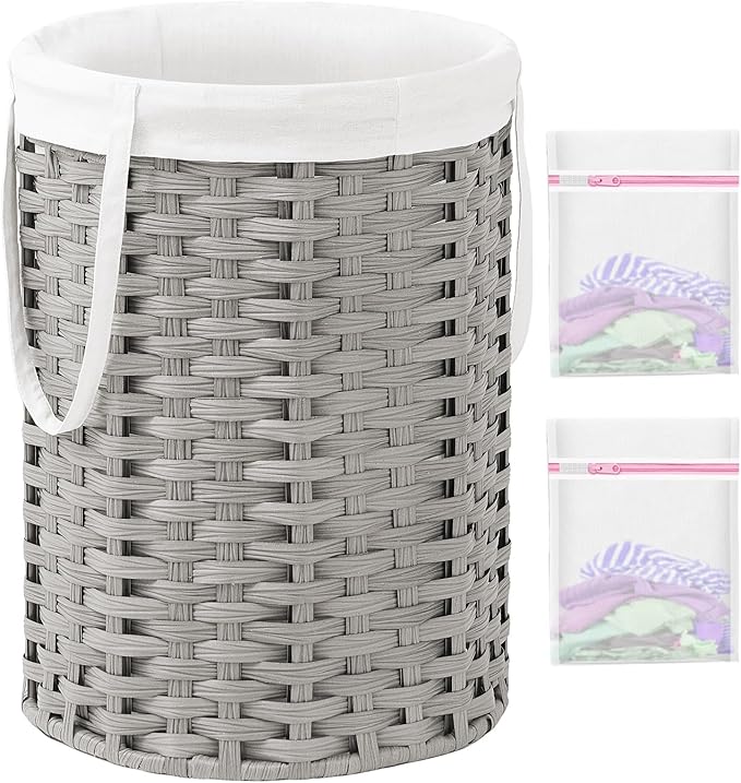 Laundry Hamper Laundry Basket Round 19.0 Gal (72 L) Handwoven Rattan Laundry Basket, Large Wicker Laundry Hamper with Removable Laundry Bag Handles 2 Mesh Bags for Bathroom Living Room Gray