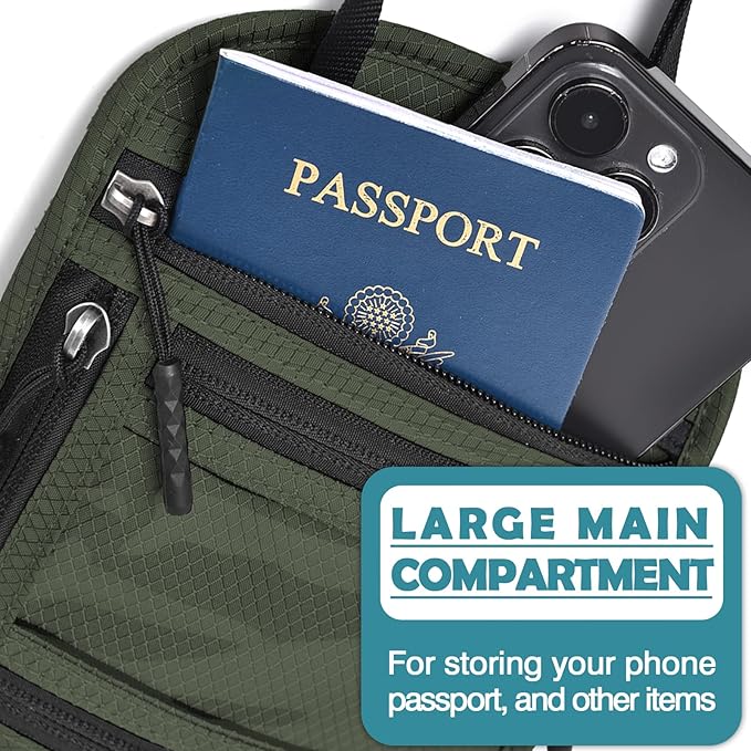 RFID Blocking Travel Neck Wallet–Hidden Passport Holder & Anti-Theft Money Pouch for Men & Women, Lightweight Concealed Travel Organizer with Adjustable Strap Secure Document