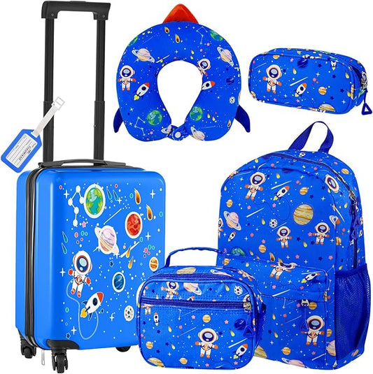 Redbaker 6 Pcs Kids Luggage Set 17 Inch Kids Rolling Luggage Double Pattern Suitcase for Girls Boys School Gift(Light Blue,Astronauts)