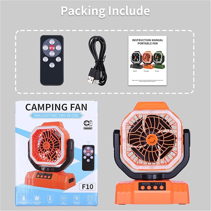 AVV 20000mAh High Speed Portable Camping Rechargeable Fan with Remote Control, Battery Powered with Auto Oscillating with Camping Essentials Accessories for Outdoor, Beach, Patio, Tent, Orange